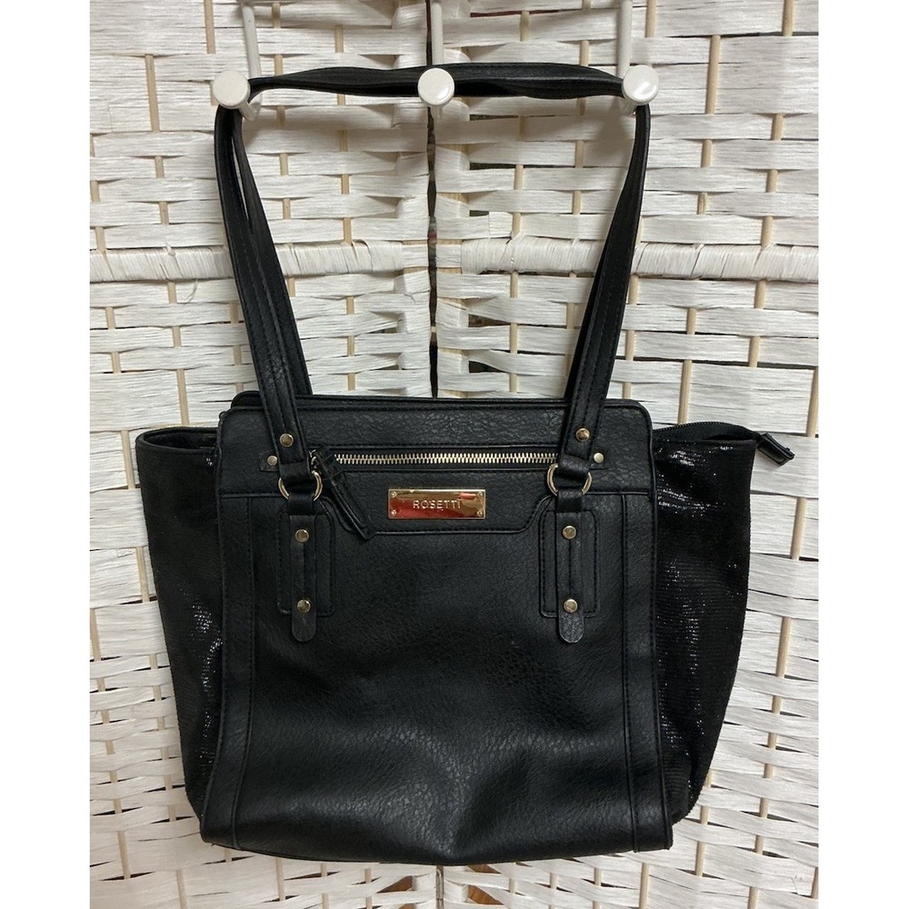 Rosetti Black Faux Leather Satchel Shoulder Handbag Gold Hardware VGC